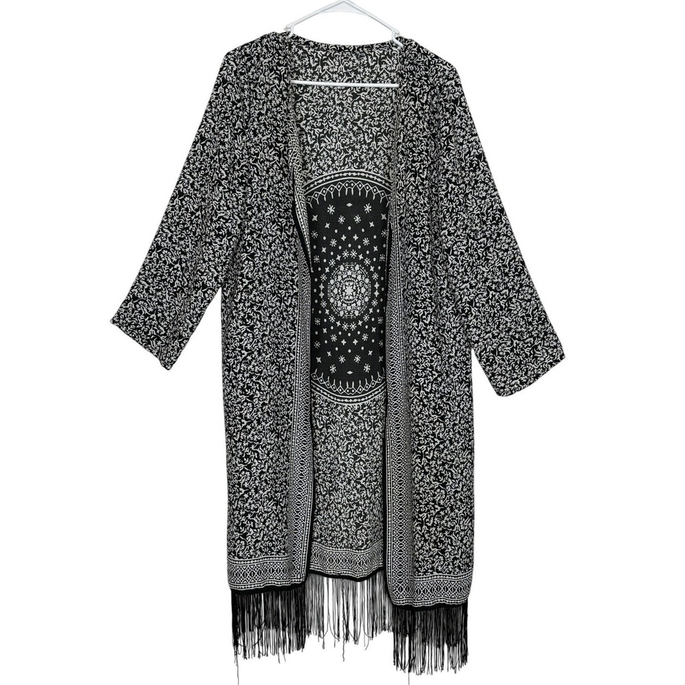 Boho Fringe Kimono Duster Black White Mandala Festival Hippie Indie Gypsy MEDIUM